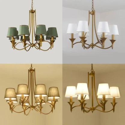 European retro fabric chandelier with copper and iron frame shown in four lighting styles, ideal for bedroom and living room pendant lighting.