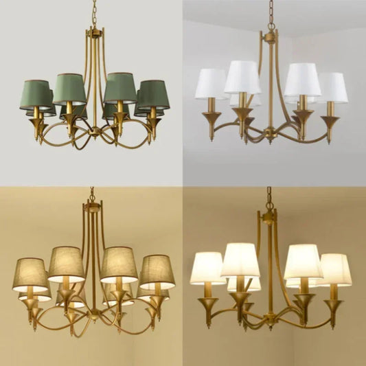 European retro fabric chandelier with copper and iron frame shown in four lighting styles, ideal for bedroom and living room pendant lighting.