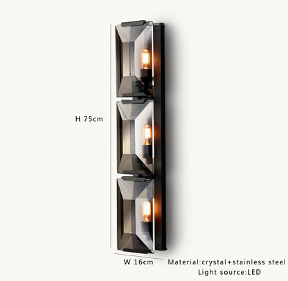 Black crystal LED wall sconce with three LED bulbs, 75cm tall, ideal for modern vertical lighting installations.