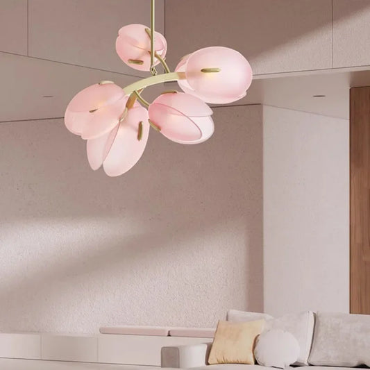 Nordic pink tulip chandelier with glass petals and gold accents, ideal for modern living rooms or bedrooms. Elegant pendant light fixture.