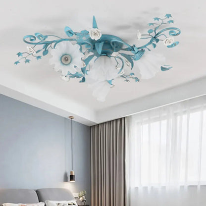 Blue and white Korean Rose Ceiling Lamp with floral glass shades, ideal for minimalist or pastel-themed bedroom interiors.
