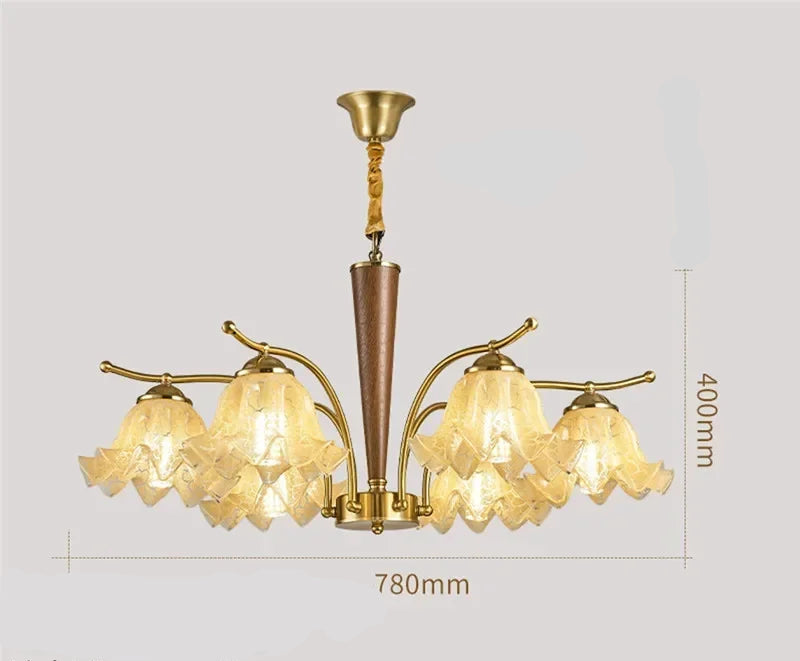 Six-light American Retro Pendant Light with LED bulbs, iron and glass build, suitable for 10–15m² spaces like living rooms or hotels.