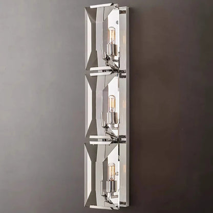 Triple crystal LED wall sconce in silver finish, featuring exposed bulbs and reflective surfaces for modern lighting decor.