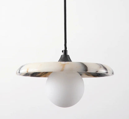 Comparison of Marble Pendant Light turned off and on, highlighting the warm LED glow and elegant black chandelier design for indoor use.