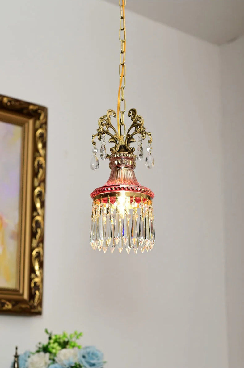 Retro French crystal chandelier with red glass and gold accents, luxury pendant light for bedroom or hallway elegance.