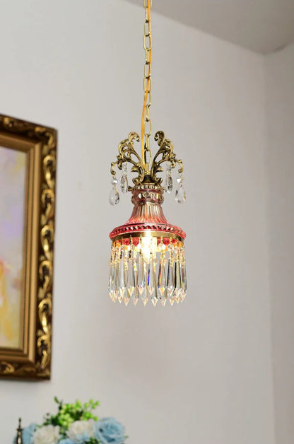 Retro French crystal chandelier with red glass and gold accents, luxury pendant light for bedroom or hallway elegance.