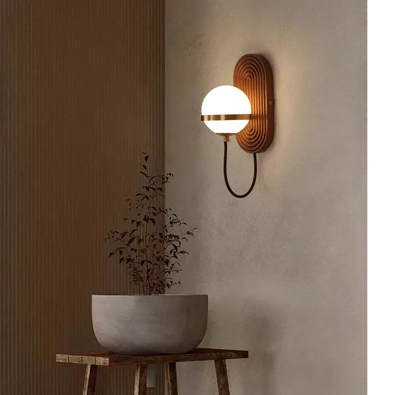 LUXELY walnut wood circular sphere wall sconce