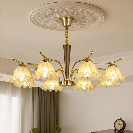 Contemporary LED Pendant Light - American Retro style with six flower-shaped glass shades, ideal for elegant living room lighting décor.
