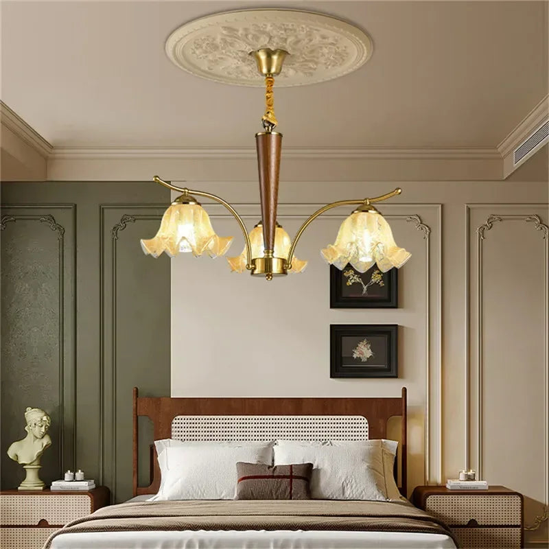 American Retro LED Pendant Light with three lights, ideal for bedroom ceiling décor with a blend of classic and modern aesthetics.