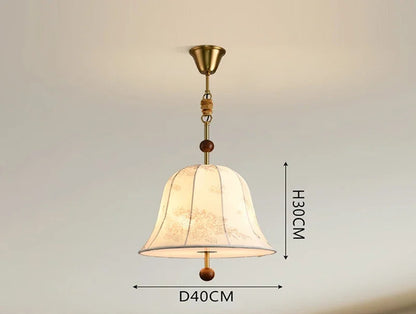 Modern Art Hanging Lamp with bell-shaped cloth shade and wood trim, a Nordic pendant light for cozy dining areas.