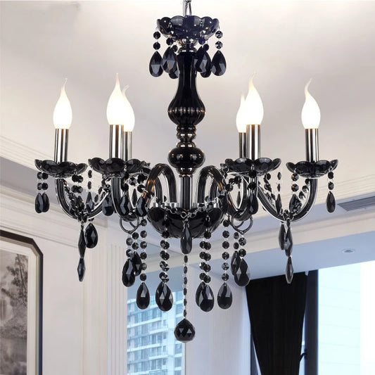 Black crystal chandelier - modern pendant light LED with six candle-style bulbs and teardrop crystals, ideal for luxury living room decor.
