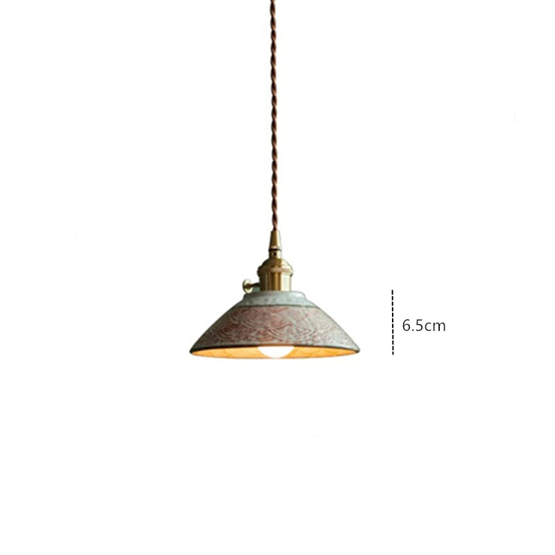 Blue patterned ceramic pendant lamp with LED bulb and copper top, 6cm tall, ideal for modern ceiling lighting.