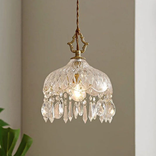 French Vintage Crystal Chandelier - Copper Hanging Lamp with teardrop crystals, ideal for bedside or balcony lighting decor.