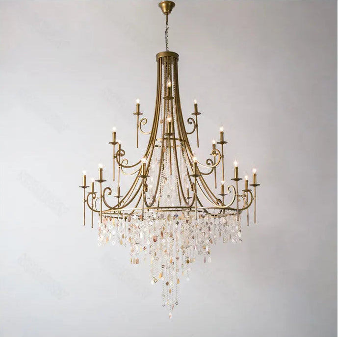 Long drop crystal shell chandelier for high-ceiling