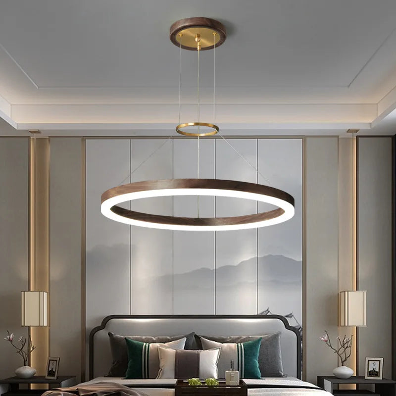 Lustre de plafond en bois massif de noyer noir pour salon