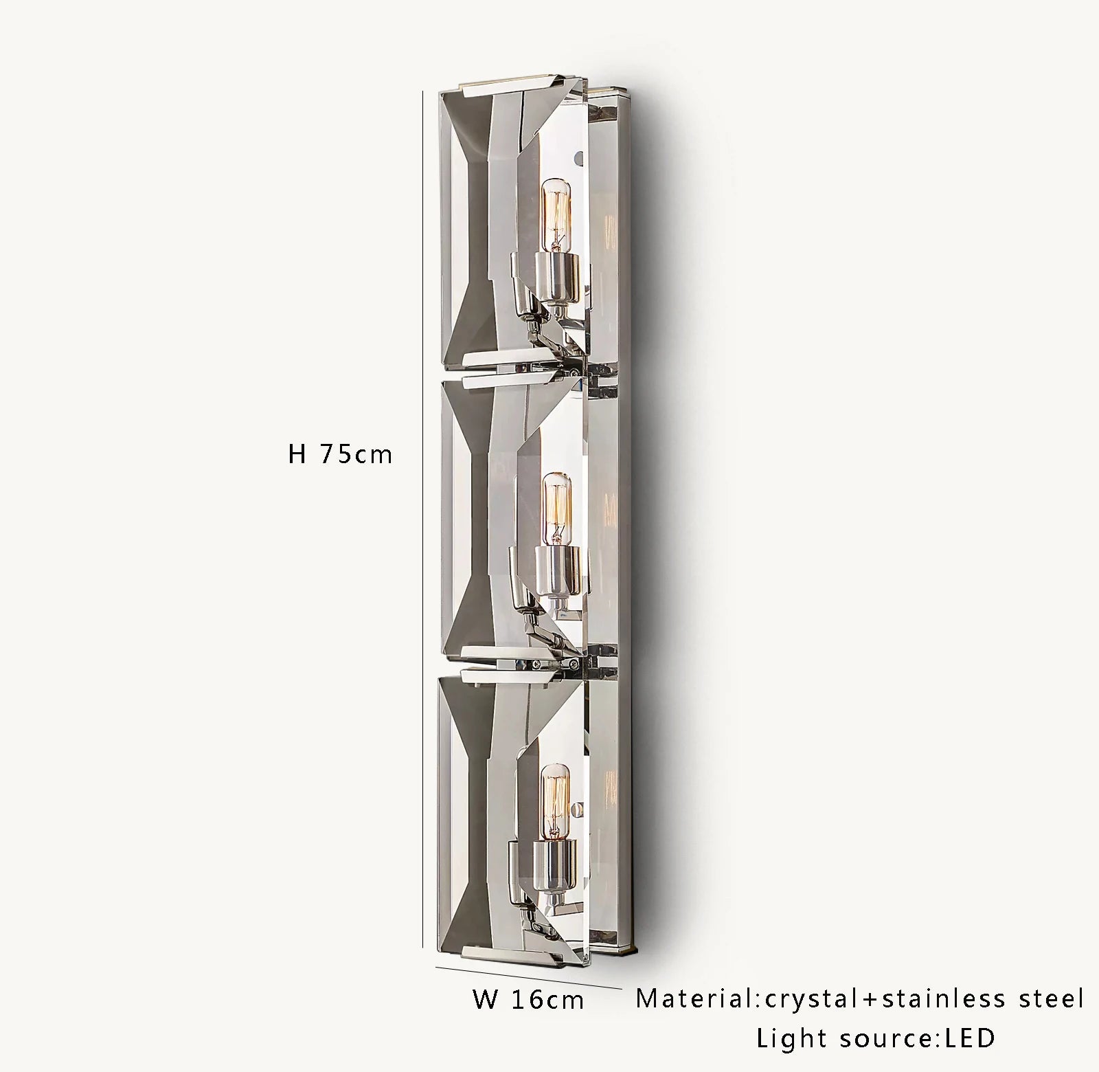 Silver crystal LED wall sconce with three LED bulbs, 75cm tall, offering reflective elegance for modern interiors.