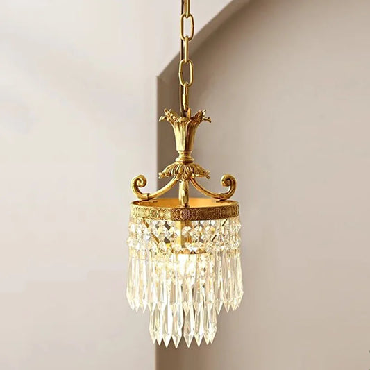 Copper Crystal Chandelier in retro French style with gold finish and hanging crystal prisms, ideal for bedroom or hallway lighting.