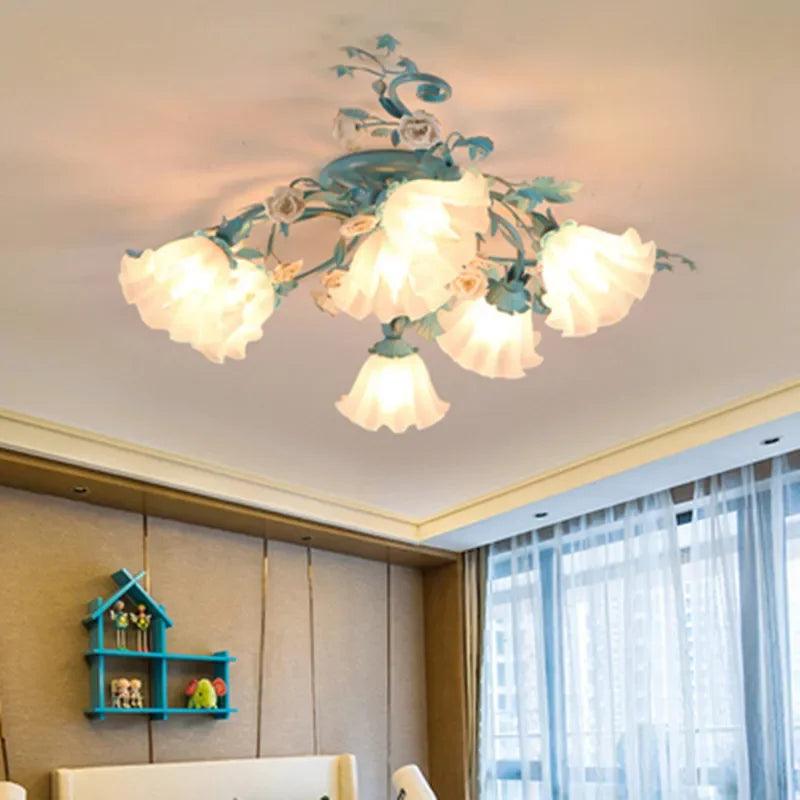 Mediterranean-style Korean Rose Ceiling Lamp with glowing floral shades, perfect for elegant dining or living room lighting.