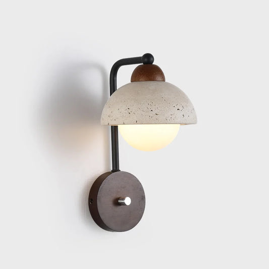 Travertine Wall Lamp with LED bulb and Art Deco design, featuring a stone dome shade and wooden base for modern accent lighting.