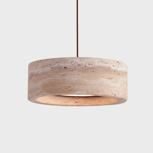 Travertine Retro Pendant Light with warm LED glow, featuring a cylindrical stone design and adjustable hanging wire for bedroom ambiance.