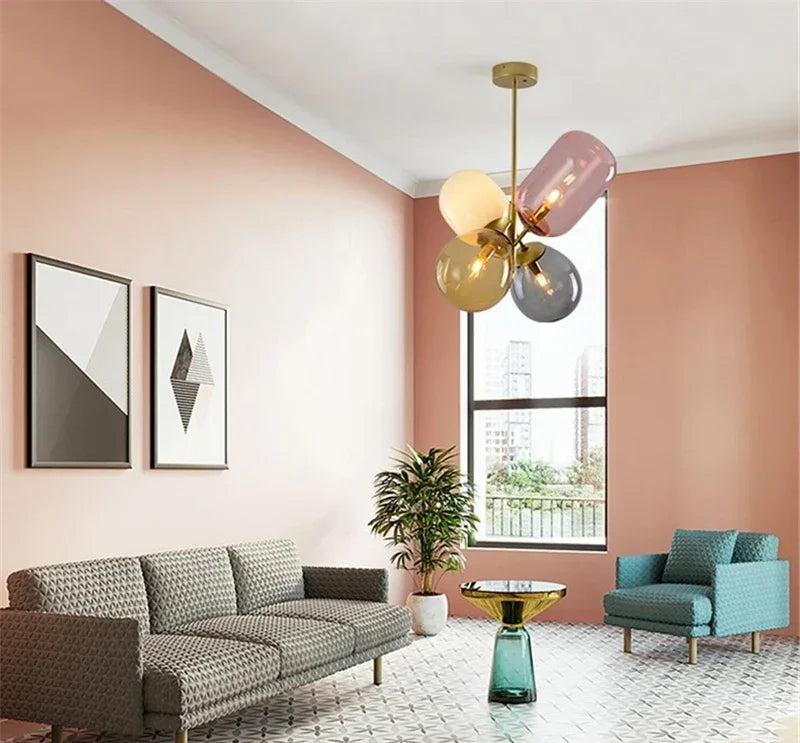Luxury stained glass branch chandelier with LED bulbs featured in a stylish living room, enhancing ambient lighting and decor.
