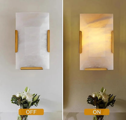 Copper Marble LED Sconce in gold finish shown off and on, demonstrating warm ambient lighting effect in modern decor.