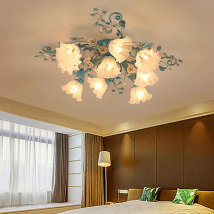 Romantic Korean Rose Ceiling Lamp with LED floral lights in a warm-toned bedroom, enhancing cozy and elegant decor.
