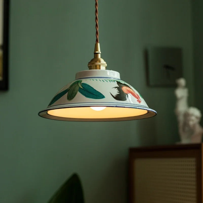 Vintage ceramic LED pendant lamp with brass fitting
