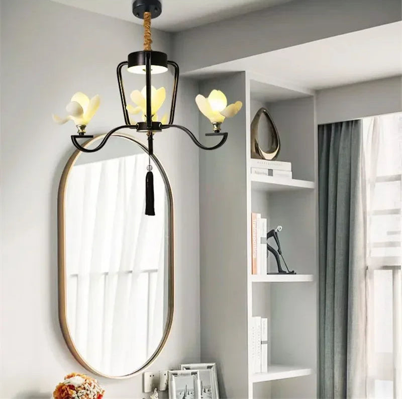 Retro Magnolia Flower Pendant Light with 3 LED bulbs in black, ideal for modern vanity or reading nook lighting.