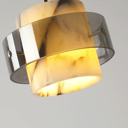 Close-up of the Luxury Stone Drop Pendant showing the glowing LED marble texture and smoked glass ring for upscale home decor.