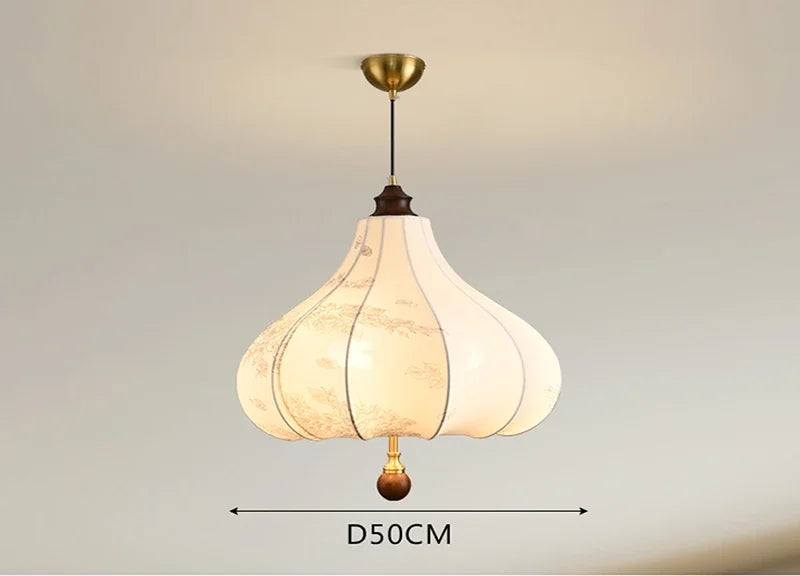 Large Nordic Pendant Light with balloon-shaped cloth shade and wood accent, perfect for LED lighting in spacious rooms.