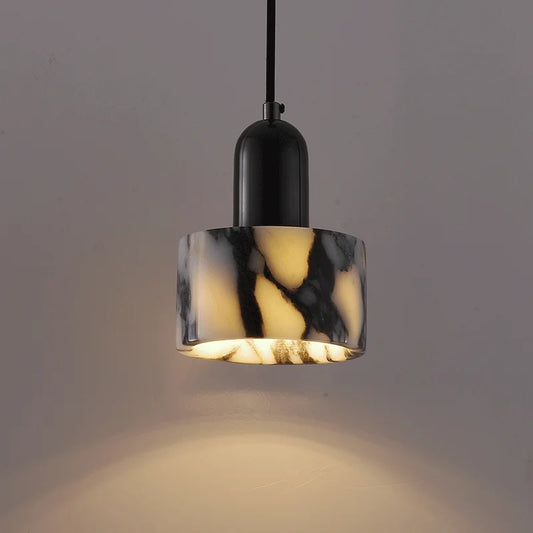 Black Marble Pendant Light with Nordic LED design, featuring a glowing marble shade and sleek black top, ideal for modern bedroom lighting.