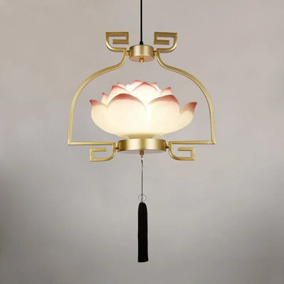Single lotus flower LED pendant light with gold frame and tassel, ideal for entryways or small spaces with vintage flair.