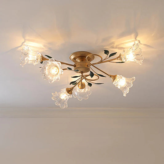 Vintage Glass Chandelier with gold finish and floral glass shades, ideal for romantic French pastoral interiors and princess-themed rooms.