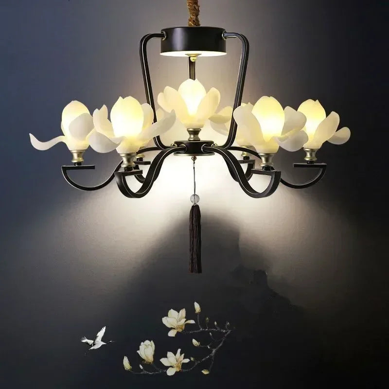 Magnolia Flower Pendant Light in black with 6 LED floral bulbs, retro ceiling lamp for bedroom or hallway with soft ambient lighting.
