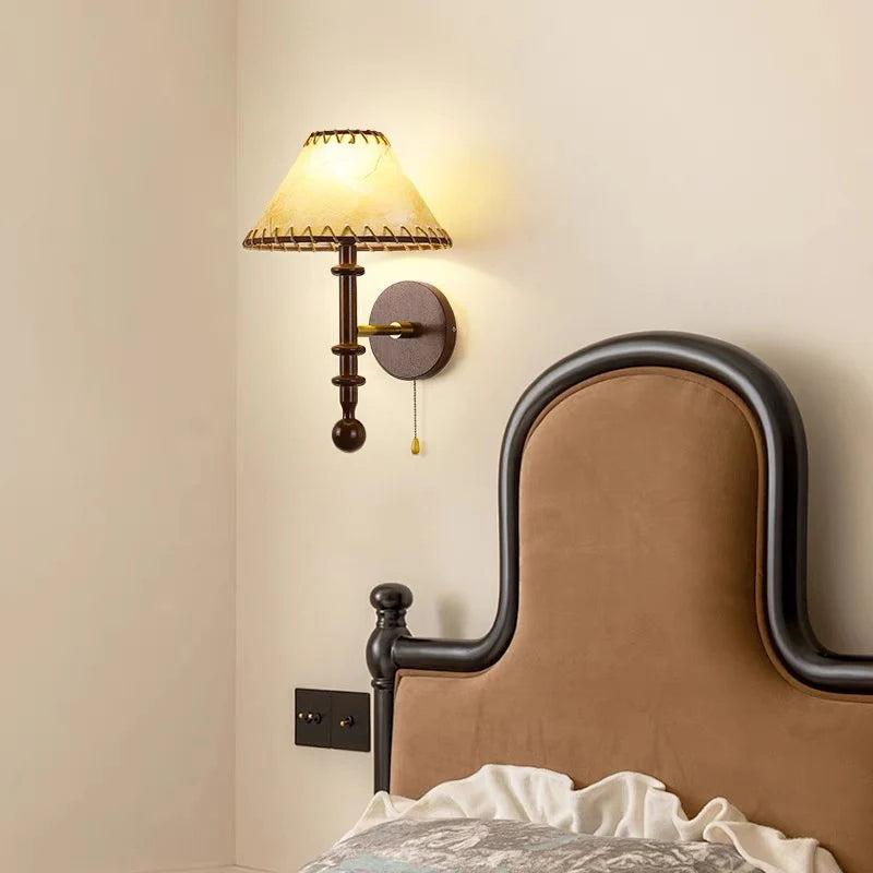 Nordic solid wood fabric wall lamp for bedroom