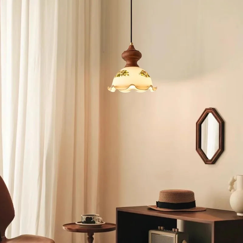 Suspension en verre et noyer Camellia, style wabi sabi