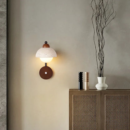 Travertine Wall Lamp on a living room wall, blending LED lighting with stone and wood textures for stylish interior lighting.