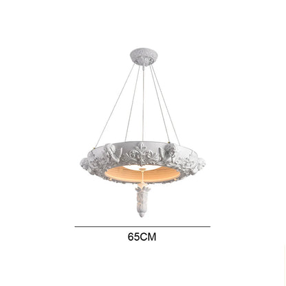 65cm carved plaster chandelier - french farmhouse ceiling light with floral and angel details, 30W LED illumination.
