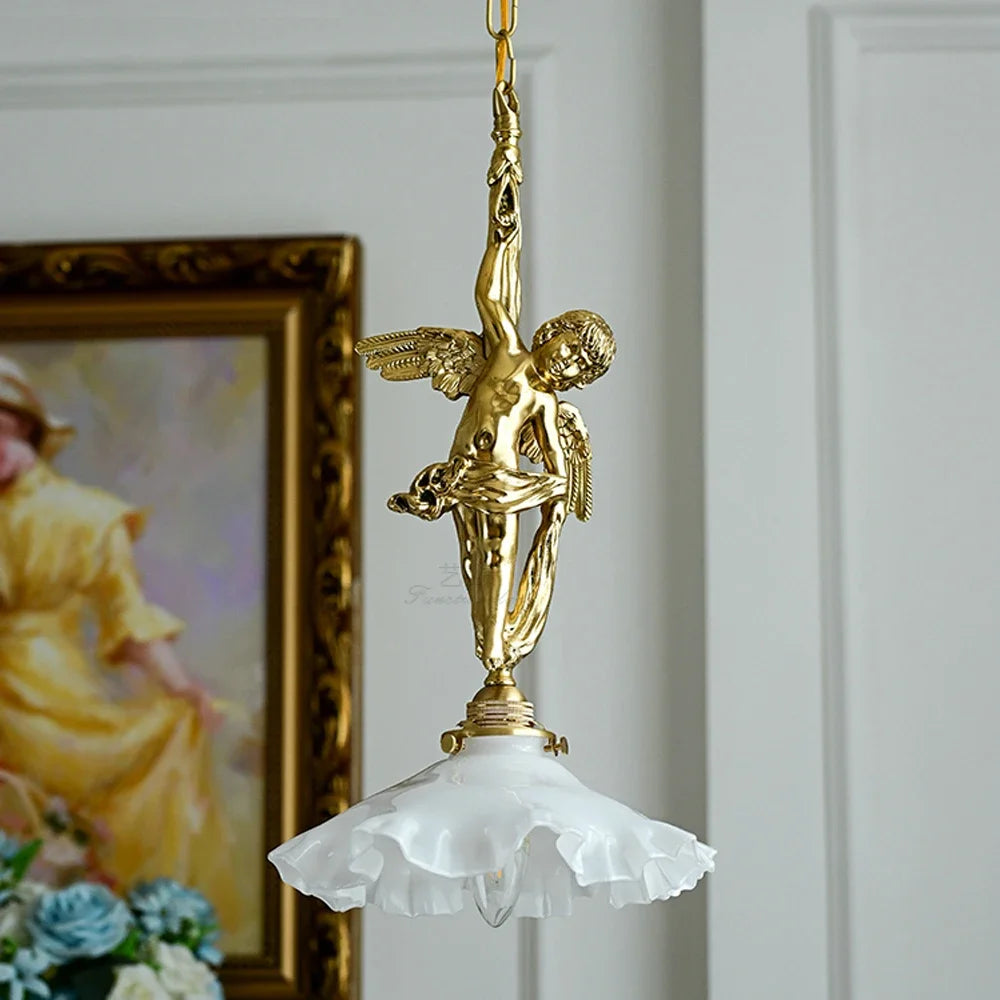 Gold Copper Angel Pendant Light with ruffled white glass shade, combining classic charm and modern chandelier elegance.