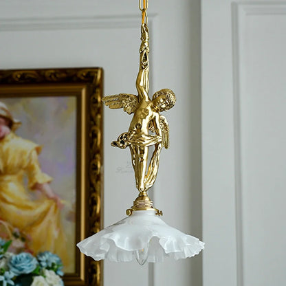 Gold Copper Angel Pendant Light with ruffled white glass shade, combining classic charm and modern chandelier elegance.