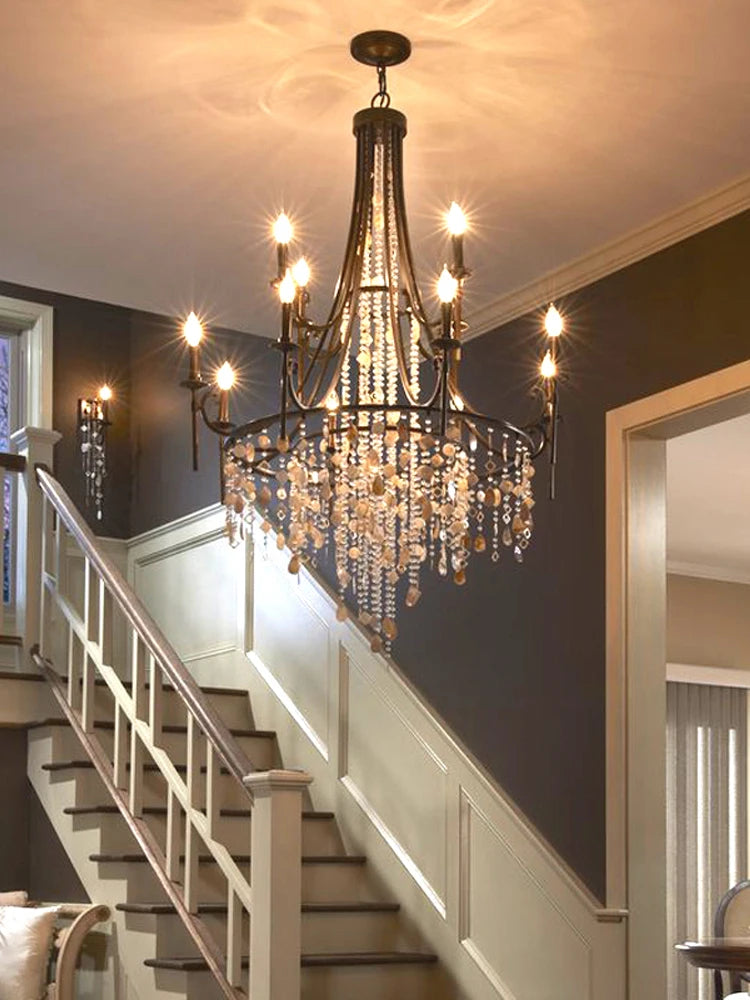 Long drop crystal shell chandelier for high-ceiling