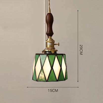 Suspension vintage française en bois, laiton et verre