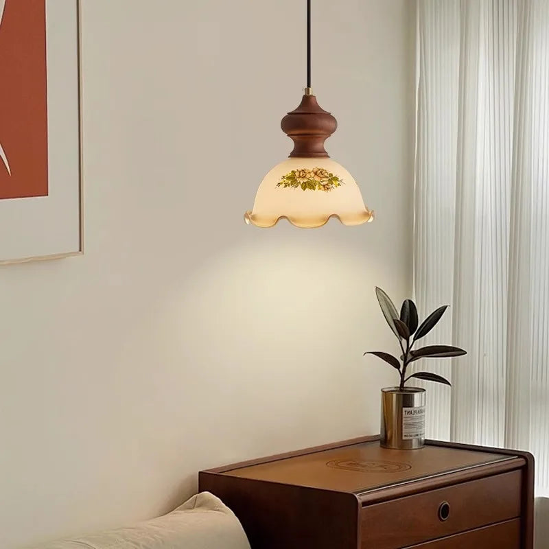 Suspension en verre et noyer Camellia, style wabi sabi