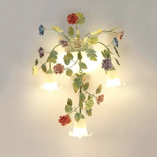 Rustic French Rose Garden Wall Lamp with LED lights and floral iron design, ideal for vintage bedroom or corridor lighting décor.