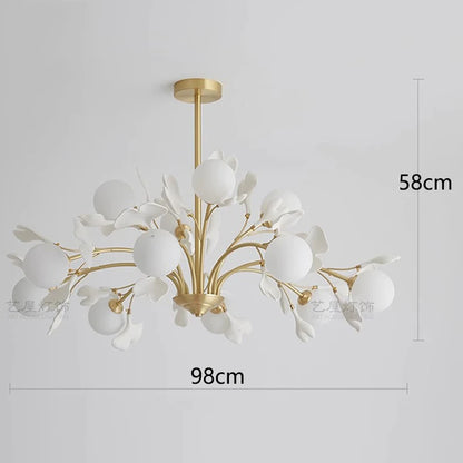 Large 98cm modern pendant light with 58cm height, featuring floral glass shades and gold frame for spacious dining areas.