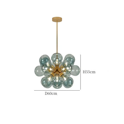 Blue Scandinavian glass chandelier with 18 bulbs, 60cm diameter, gold finish, perfect for modern interiors.