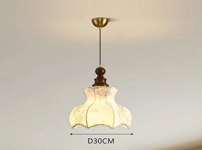 Nordic Pendant Light with vintage floral cloth shade and wood top, ideal for LED lighting in small dining or study spaces.