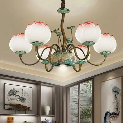 Creative chandelier - farmhouse lotus flower ceiling light with six LED lotus blossom shades, perfect for elegant living room decor.