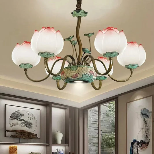 Creative chandelier - farmhouse lotus flower ceiling light with six LED lotus blossom shades, perfect for elegant living room decor.